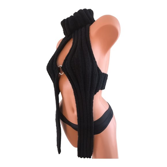 🇨🇦 Handmade Rib Knit ORing Party Rave Festival Turtleneck Halter Top Black - Picture 1 of 9